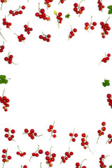 Redcurrants berries on white background with space for text. Top view, flat lay