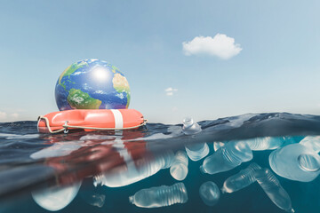 Globe floating in polluted sea