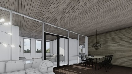 Architecture sketch of dinning room 3d illustration