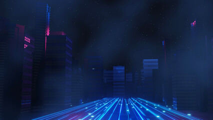 3d render of Cyber punk night city landscape concept. Light glowing on dark scene.  Night life. Technology network for 5g. Beyond generation and futuristic of Sci-Fi Capital city and building scene.