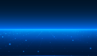 Abstract Futuristic Background of Grid Dots, Lines Perspective Floor With Blue Horizontal Alignment Digital Data Network Transfer Concept Vector Illustration.