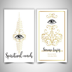 Fortune teller, spiritual coach, mystic healer business card design template. Vector illustration. Magic.