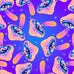 Magic mushrooms. Psychedelic hallucination. Vibrant vector illustration. 60s hippie colorful background, hippie and boho texture. Ttrippy wallpaper.