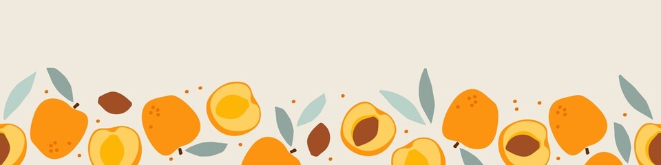 Seamless apricot fruit border. Fruits with leaf hand drawn sketch. Whole fruit and cut half. Silhouette vector for wallpaper. Food template for menu, cover, packaging design, label and branding