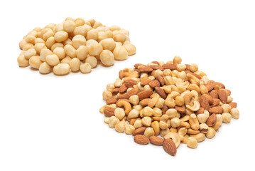 Macadamia nuts isolated on white background.