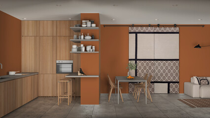 Modern minimalist living room and kitchen in orange tones, concrete tiles, sofa, dining table, chairs, island with stools, wooden cabinets, sliding door, architecture interior design