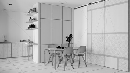 Unfinished project draft, minimalist modern wooden dining room and kitchen, concrete tiles, table with chairs, cabinets and shelves, fabric sliding door. Architecture interior design