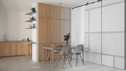Architect interior designer concept: hand-drawn draft unfinished project that becomes real, dining room and kitchen, concrete tiles, table, chairs, cabinets and shelves, sliding door