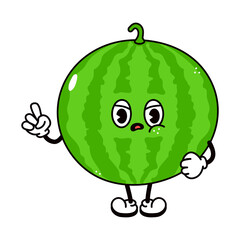 Cute funny angry sad watermelon character. Vector hand drawn traditional cartoon vintage, retro, kawaii character illustration icon. Isolated on white background. Angry watermelon character concept