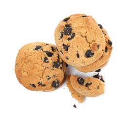 Tasty chocolate chip cookies on white background, top view