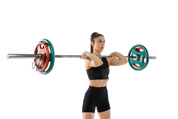 One young strong female weightlifter workout with a weight, barbell isolated on white background....