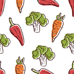 vegetable seamless pattern, vegetable background, healthy eating. Broccoli, carrot and pepper