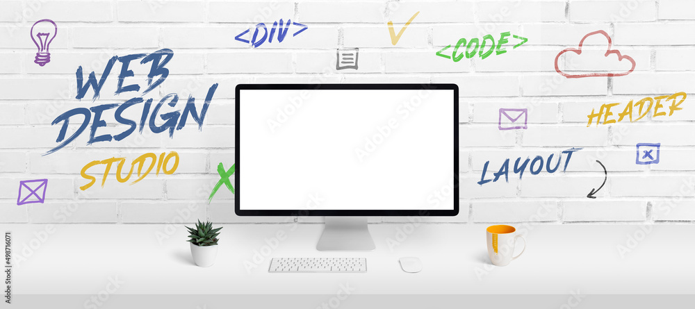 Fototapete Web design studio concept with computer display mockup and work desk. Creative web page icons and inscriptions on the brick wall