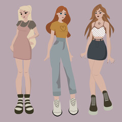 3 teen girls in fashion clothes are posing after shopping depicted in pastel colours