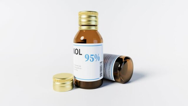 Medical Ethyl Alcohol, ethanol 95 percent close up in a bottle on a White background. Looped footage with copy space in High Resolution Full HD, 30 FPS.