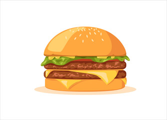 Fresh hamburger or cheeseburger in cartoon style. Vector home sandwiche, street food with deliciou topping isolated on a white background.