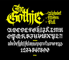 Modern Gothic, full English alphabet. Medieval uppercase and lowercase Latin letters. Signs and symbols for design. Ancient European style. Calligraphy and lettering. Numbers. © ae
