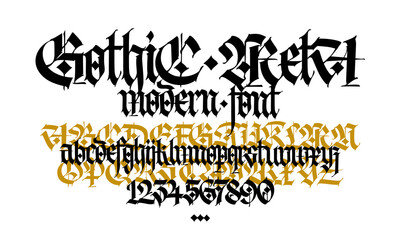 Gothic. Uppercase and lowercase letters with numbers. Stylish calligraphy. Elegant european font for design. Medieval modern style. Elegant pattern for fabric and packaging.