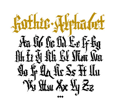 Gothic, English alphabet. Medieval latin trendy letters. Signs and symbols for tattoos. Ancient European style. Calligraphy and lettering. Complete alphabet. Modern style.