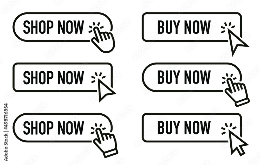Poster buy now button icon. shop now button click mouse cursor and shopping ticket vector design on white b
