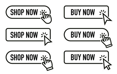 Buy Now Button Icon. Shop Now Button Click Mouse Cursor and Shopping Ticket Vector Design on White Background.