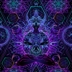 Psychedelic seamless pattern with magic girl sitting and meditation in lotus position over geometry. Vector repeating illustration. Psychedelic concept. Rave party, trance music. Esoteric art. - obrazy, fototapety, plakaty