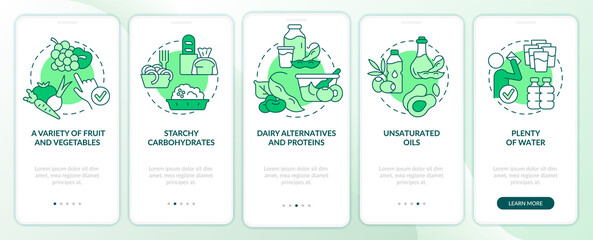 Tips for vegan lifestyle green onboarding mobile app screen. Walkthrough 5 steps graphic instructions pages with linear concepts. UI, UX, GUI template. Myriad Pro-Bold, Regular fonts used