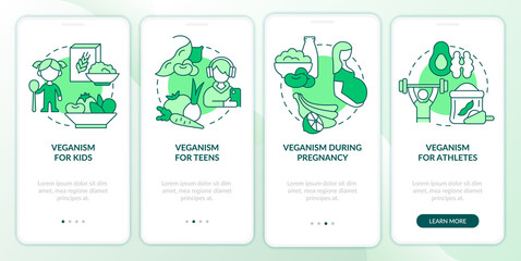 Vegan lifestyle for everyone green onboarding mobile app screen. Walkthrough 4 steps graphic instructions pages with linear concepts. UI, UX, GUI template. Myriad Pro-Bold, Regular fonts used