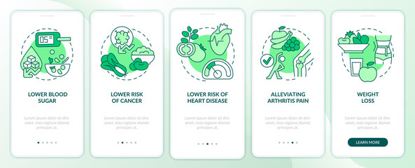 Benefits of vegan diet green onboarding mobile app screen. Veganism walkthrough 5 steps graphic instructions pages with linear concepts. UI, UX, GUI template. Myriad Pro-Bold, Regular fonts used