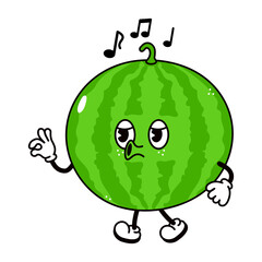 Cute funny watermelon walking singing character. Vector hand drawn traditional cartoon vintage, retro, kawaii character illustration icon. Isolated on white background. Happy watermelon walk and sing