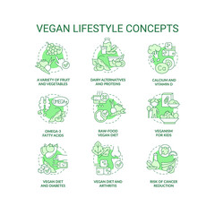 Vegan lifestyle green concept icons set. Plant based nutrition. Abstain animal product idea thin line color illustrations. Isolated symbols. Editable stroke. Roboto-Medium, Myriad Pro-Bold fonts used