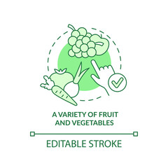Variety of fruit and vegetables green concept icon. Tip for vegan lifestyle abstract idea thin line illustration. Isolated outline drawing. Editable stroke. Arial, Myriad Pro-Bold fonts used