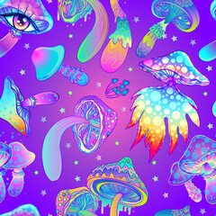 Magic mushrooms. Psychedelic hallucination. Vibrant vector illustration. 60s hippie colorful background, hippie and boho texture. Ttrippy wallpaper.