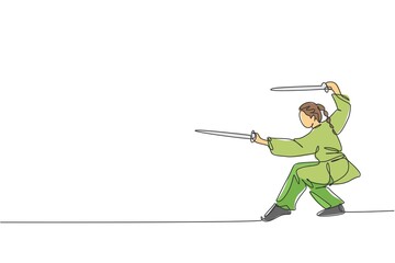 Single continuous line drawing of young woman wushu fighter, kung fu master in uniform training with swords at dojo center. Fighting contest concept. Trendy one line draw design vector illustration