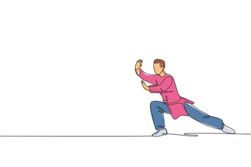 Single continuous line drawing of young man wushu fighter, kung fu master in uniform training tai chi stance at dojo center. Fighting contest concept. Trendy one line draw design vector illustration - obrazy, fototapety, plakaty
