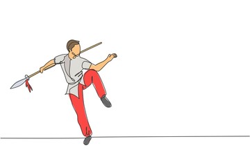One single line drawing of young man on kimono exercise wushu martial art, kung fu technique with spear on gym center vector illustration. Fighting sport concept. Modern continuous line draw design