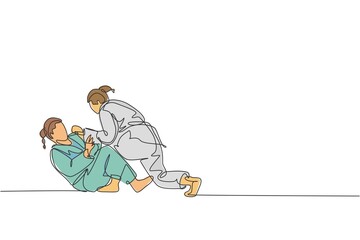 One single line drawing of two young energetic judoka fighter women battle fighting at gym center vector illustration graphic. Martial art sport competition concept. Modern continuous line draw design