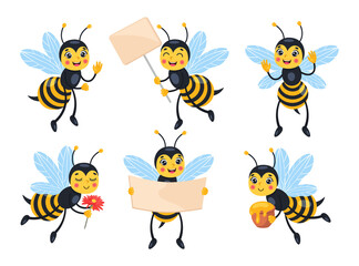 Funny bee cartoon character vector illustrations set. Cute flying comic mascot with placard, sign, honey, flower isolated on white background. Insects, nature concept