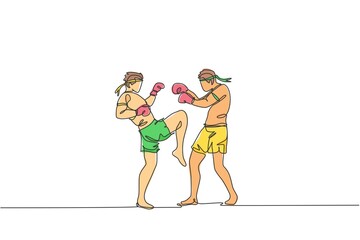 Fototapeta na wymiar Single continuous line drawing of two young sportive men training thai boxing at gym club center. Combative muay thai sport concept. Competition event. Trendy one line draw design vector illustration