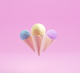 three ice cream cones on pink background,3d illustration