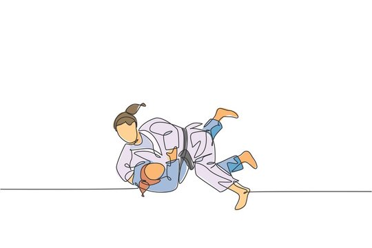 recommend clip art: One single line drawing two young energetic judokas fighter women battle fighting at gym center graphic vector illustration. Martial art sport competition concept. Modern continuous line draw design