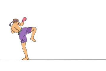 Single continuous line drawing young sportive man training thai boxing at gym club center. Combative muay thai sport concept. Competition event. Trendy one line draw design graphic vector illustration