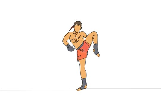 Single continuous line drawing of young sportive man training thai boxing at gym club center. Combative muay thai sport concept. Competition event. Trendy one line draw design vector illustration