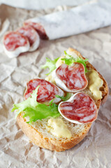 Sandwich with Catalan thin sausage with mold - fuet with herbs and sauce. Vertical orientation.