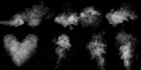 A set of seven different types of swirling, writhing smoke, steam isolated on a black background for overlaying on your photos. Horizontal and vertical steam. Abstract smoky background