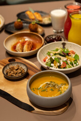 Iftar food menu with juice, dates, and laban