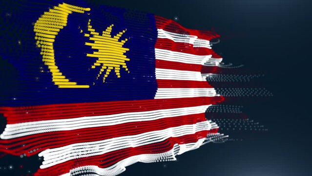 The national flag of Malaysia made of digital particles in a seamless loop on black background. Perfect for project that depicts Malaysia history, culture, and people.