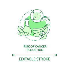 Risk of cancer reduction green concept icon. Disease prevention. Veganism and illness abstract idea thin line illustration. Isolated outline drawing. Editable stroke. Arial, Myriad Pro-Bold fonts used