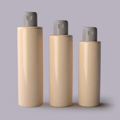 3d rendering, set of bottles shampoo, hair conditioner and shower gel on a grey background.