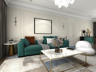 3D rendering, spacious living room design of modern residence, with sofa, tea table, decorative painting, etc